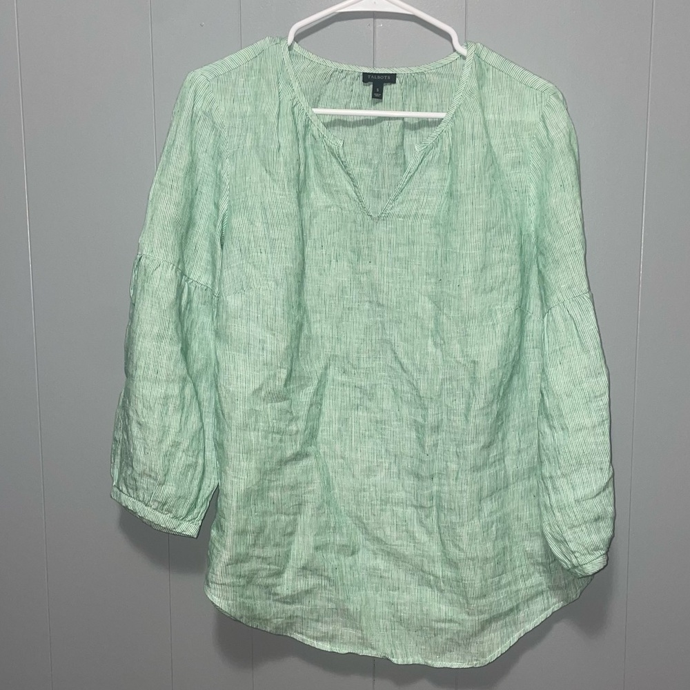 Talbots Linen Green and White Striped Blouse Small